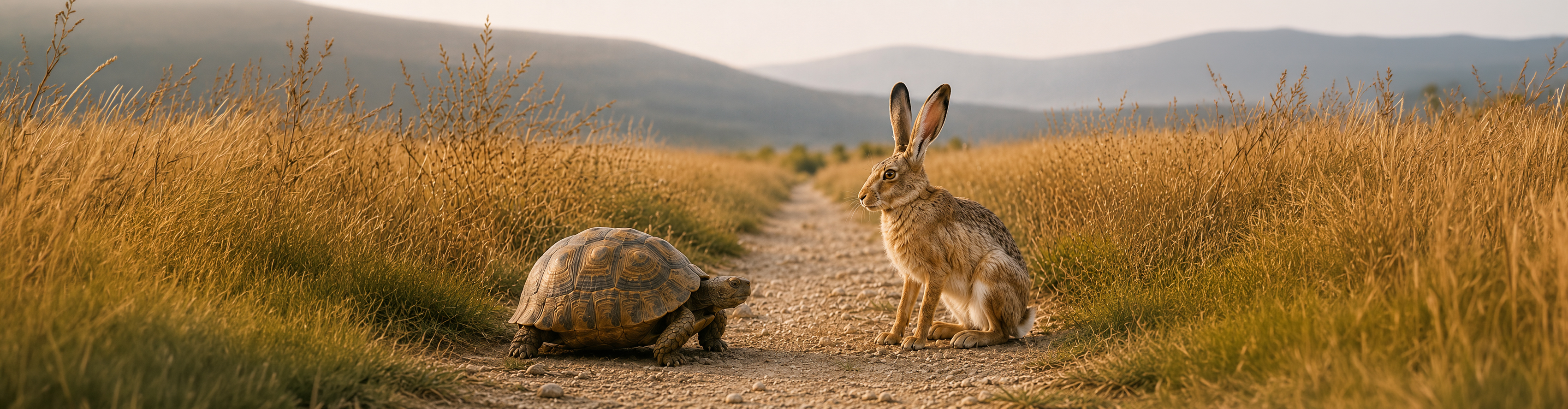 A tortoise and hare meeting on a quiet country path