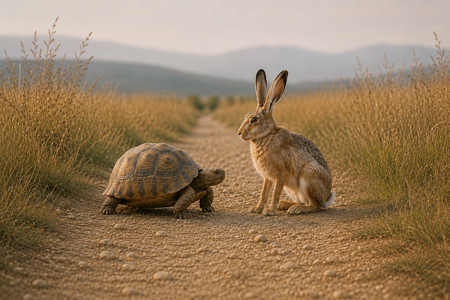 A tortoise and hare sharing a quiet path